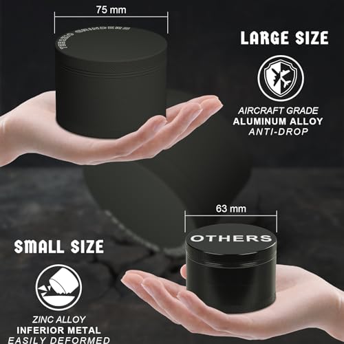 Herb Grinder Large Crusher Ø 75mm, Aluminum Alloy 4-Piece for Spice, Seasonings, Herb with Pollen Scraper & Brush (Black & Gold) Black - Ø75 - Al