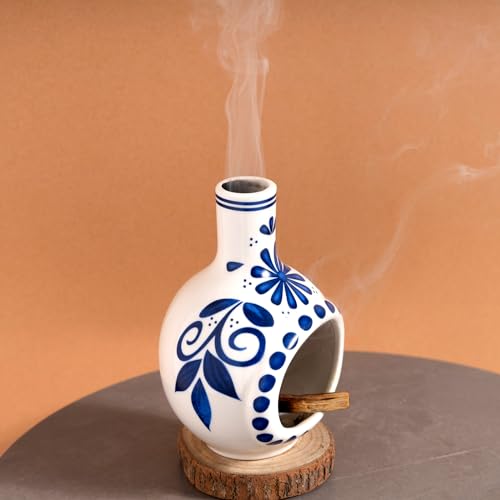 Ceramic Palo Santo Holder Chimney Burner, Cute Mini Chiminea Incense Cone Palo Santo Holder-blue and White
