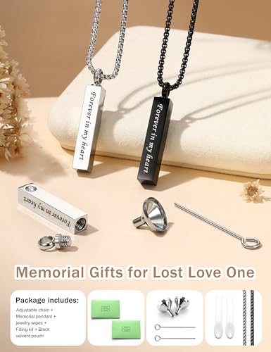CASSIECA 2 Pcs Urn Necklace for Ashes Men Women Keepsakes for Ashes Black Silver Stainless Steel Bar Pendant Necklace Memorial Cremation Jewelry for Lost Love with Engraved Saying Forever in My Heart