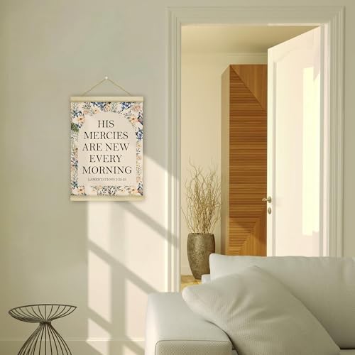 LWBEO Christian Poster Hanger Frame, Christian Bible Verse His Mercies are New Every Morning Boho Wooden Canvas Art Print, Positive Wall Art for Bedroom Living Room Office Nursery Decor 12x16in -26