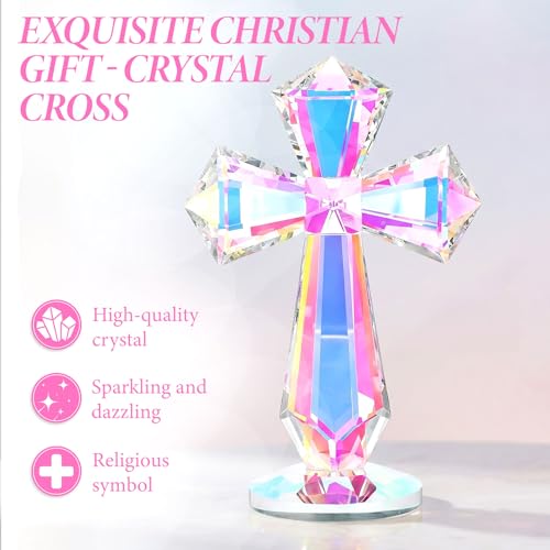 Crystal Cross Standing 6.1 Inch, Handmade Glass Cross Decor Christian Religious Gifts for Women Men Mother, Glass Collectible Figurines Baptism Confirmation Gifts Church Home Office Desk Decoration