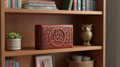 Handmade wooden jewelry and keepsake box with triquetra design, decorative storage box measuring 8x5 inches.