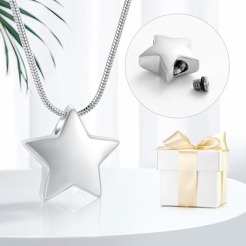 Small Star Charm Cremation Urn Pendant Ashes Memorial Necklace for Woman Free Filling Kits Include Silver