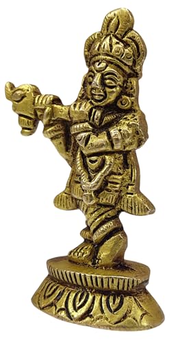 Divine Fluting Krishna Brass Statue - Small Hindu God Idol Playing Flute for Pooja Altar, Home Temple & Spiritual Decor Lord Krishna