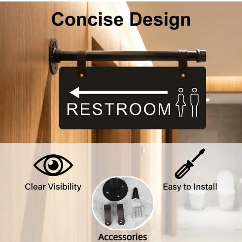 Double Sided Restroom Sign with Arrow, Wall Mount Unisex Bathroom Directional Sign with Metal Pipe Rod, Black, 11x4.7 Inch, Easy Install with Hanging Straps for Business Office & Public Hallway Bathroom (Black, Restroom)