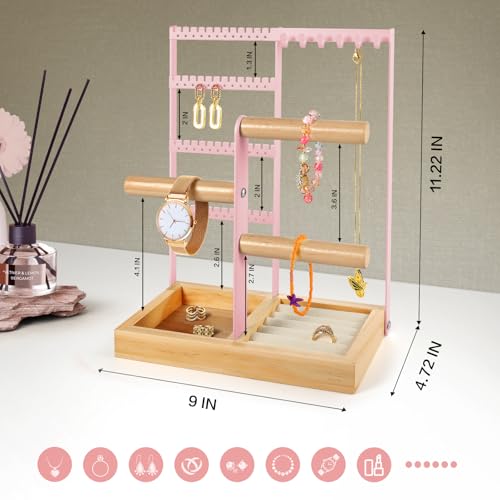 Godboat Jewelry Stand - 48 Holes Earring Holder, 4-Tier Necklace Organizer Pink