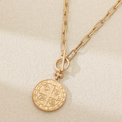 Saint Benedict Medal Necklace for Women, Gold Paperclip Chain Catholic Pendant Necklace, Christian Religious Jewelry Gift, 18 Inch