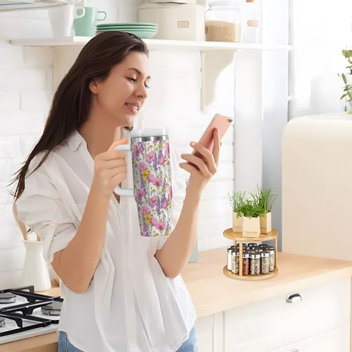 Farmhouse Wildflower Pink Poppy Tumbler with Handle and Straw Leak Proof Tumbler 2 in 1 Lid Insulated Water Bottle Tumblers Stainless Steel Cup Large Travel Mug Cups, Gifts for Women Man, 30oz Pink Poppy Flower 30 Ounces