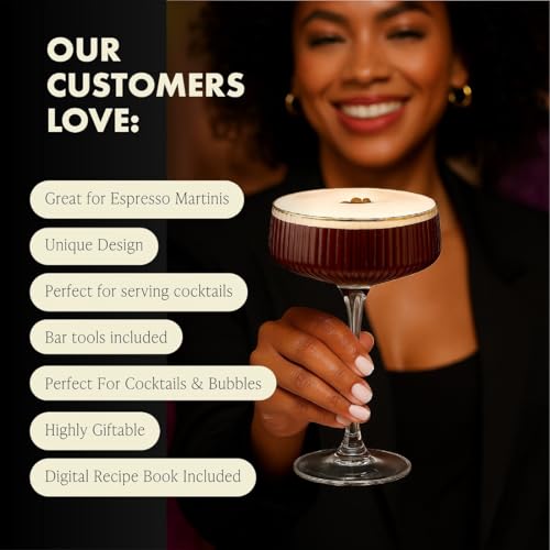 VEMACITY - Ribbed Espresso Martini Glasses Set of 4 with Gold Rims | Coupe Glasses | Vintage Cocktail Glasses for Margaritas, Champagne and More - Includes Jigger & Bar Spoon | Set of 4- 10oz