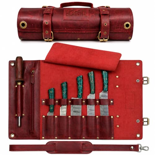Leather Knife Roll Bag – Chef Knife Bag with 7 Pockets – Durable Crazy Horse Leather Knife Roll for Professional Chefs – Portable Knife Storage Case