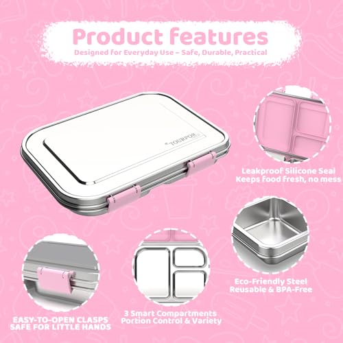 Stainless Steel Bento Box for Kids 1000ml - 3 Compartment Lunch Box for Adults, Leakproof Food Container, BPA-Free Metal Lunch Box with Silicone Seal, Eco-Friendly/Dishwasher Safe (Pink) Pink