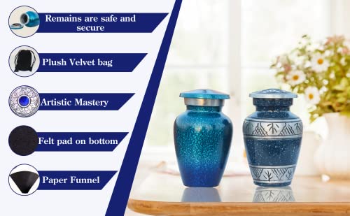 Blue Small Urns for Human Ashes Female Male | Set of 4 Premium Mini Keepsake Urns with Four Velvet Bags A Paper Funnel and A Stunning Magnet Closer Gift Box Blue
