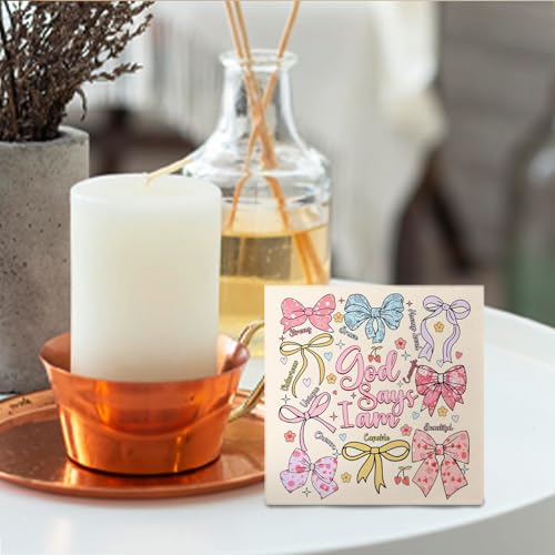 Coquette Bow Wooden Sign - Coquette Room Decor, Pink God Says I Am Wooden Box Signs, Preppy Bow Bible Verse Decor, Inspirational Christian Gifts for Women, 5 X 5 Inches (8) God say i am
