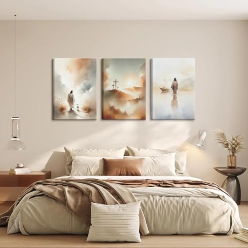3 Pcs Framed Jesus Wall Art Jesus Walking on Water Canvas Wall Decor Leaves The 99 Sheep Pictures Prints Christian Posters for Living Room Bedroom Church Home Decorations Ready to Hang 12x16in Light Blue 12"W x 16"H