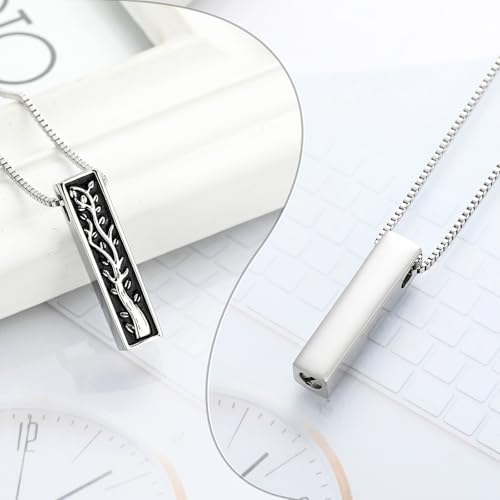 XSMZB Tree of Life Urn Necklace for Ashes for Men Women 3D Bar Cremation Jewelry Ashes Keepsake Pendant of Loved One Funeral Memory Jewelry Silver