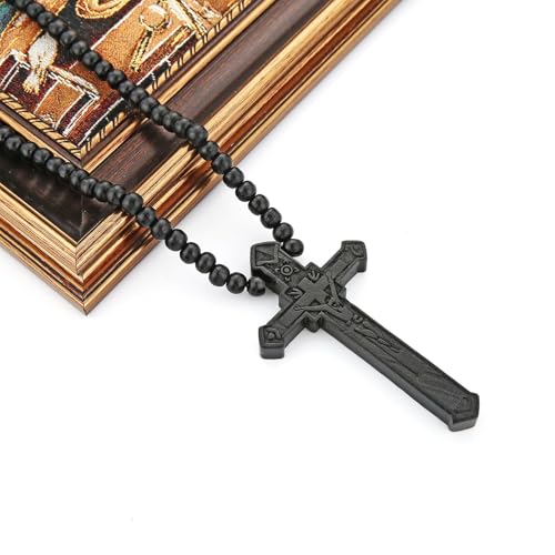HZMAN Large Natural Wooden Crucifix Cross Necklace for Men Handmade Prayer Rosary Beads Necklace Pendant Catholic Jewelry Gift