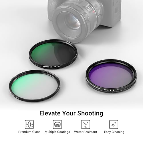 NEEWER 52mm Variable ND + CPL + UV Filter Kit (3 Pack), Multicoated Neutral Density (ND2-400) Circular Polarizer Camera Lens Polarizing Filter Photography Accessories Set with Carry Case & Lens Caps