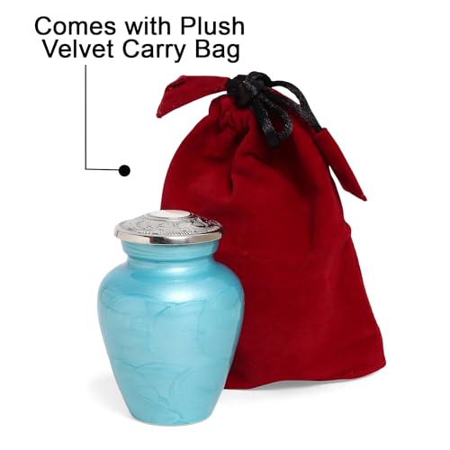 Ocean Blue Mini Urn for Human Funeral Remains | Serenity Funeral Ash Storage Box | Velvet Pouch | Paper Funnel | Beautifully Handcrafted Sacred Ash Containers Small Ocean Blue