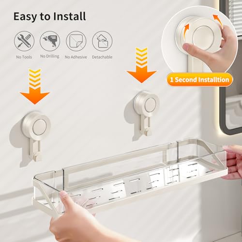 Two white suction cup shower caddies hanging in a bathroom, bathroom organizer shelves for shower storage by Bxmeet