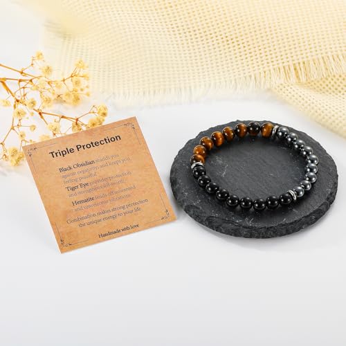 Gnamy Healing Crystal Bracelet Gifts for Men, Triple Protection Hematite Black Obsidian Tiger Eye Gemstone Beaded Bracelets Birthday Healing Jewelry Gifts Black-7