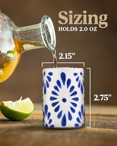 Talavera Shot Glasses — 100% Handmade Ceramic Tequila Shot Glasses with Talavera Mexican Pottery Design — Perfect Tequila Gifts for Women & Men for Any Occasion (BLUE | SET OF 4) Talavera (Blue) - Set of 4