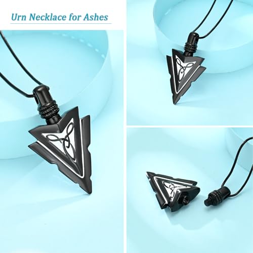 Arrow Head Urn Necklace for Ashes Cremation Jewelry Stainless Steel Arrowhead Pendant Memorial Necklaces Ash Holder Keepsake Jewelry for Loved Ones with Fill Tool Black