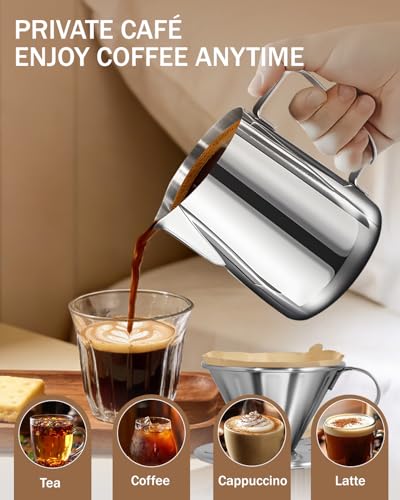 Belly Moka stainless steel pour over coffee dripper with reusable filter and milk frothing pitcher, silver color, 11.8oz capacity
