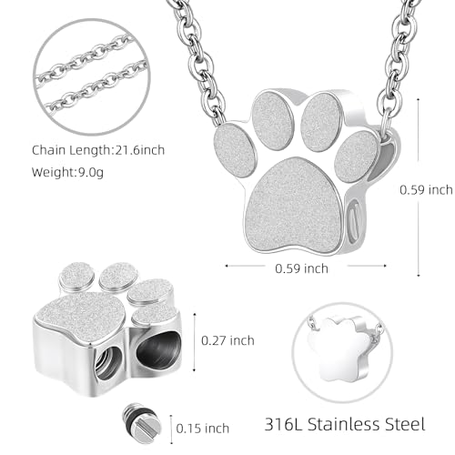 Pet Cremation Jewelry for Ashes Pendant Pet Urns For Dogs/Cats Ashes Pendant Paw Print Urn Necklace with Mini Keepsake Memorial Ash Jewelry Silver