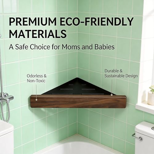 Corner Shelf 2 Pack, Solid Wood Triangle Wall Mounted Shelf, Adhesive or Screws, No Drill or Permanent Mount, Shower Storage for Bathroom Kitchen, Rust Proof BPA Free 1