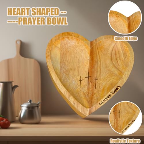 Heart Shaped Prayer Bowl with 24 Cards - Wooden Religious Dough Bowl with Cross for Christian Congregation Gifts Yellow