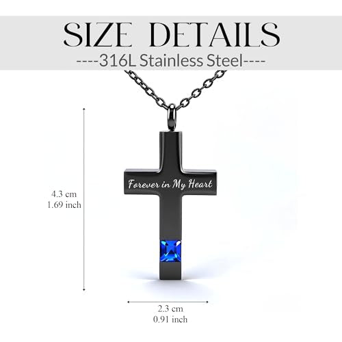 Cross Urn Necklace for Ashes Birthstone Cremation Jewelry Keepsake Pendant for Women Men with Funnel Filler Kit Memorial Gifts for Human Pet Forever in my heart Black Blue