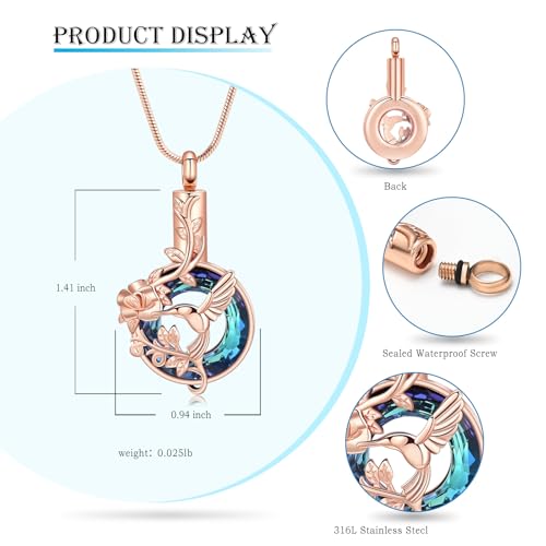 Hearbeingt Hummingbird Urn Necklaces for Ashes Cremation Jewelry for Women Rosegold-blue