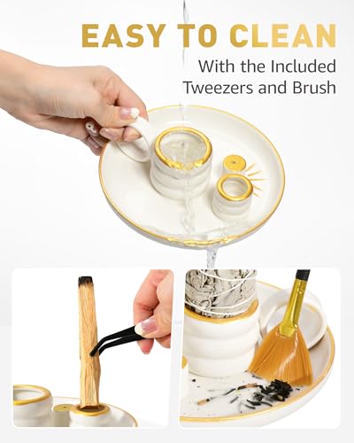BS-VOG 4 in 1 Incense Holder, 15 cm Ceramic Incense Burner with Handle Golden