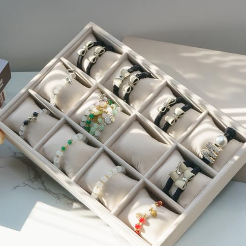 Jewelry Watch Tray, Beige Velvet Watch Jewelry Organizer 12 Grid, Stackable Watch Bracelet Bangle Display Holder, Adjustable Pillows, for Man Woman Show Birthday