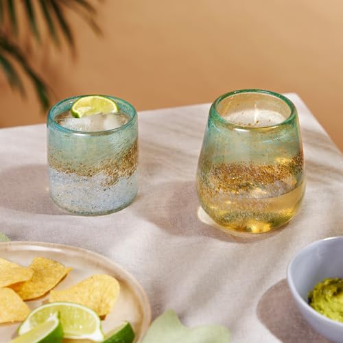 Segunda Vida Playa Bonita Hand-Blown Tumblers, Recycled Drinking Glasses, Coastal Inspired Sea Blue and Sand Design, Mexican Glassware, Decorative Drinkware for Home Bars, 10 oz, Set of 2 Modern