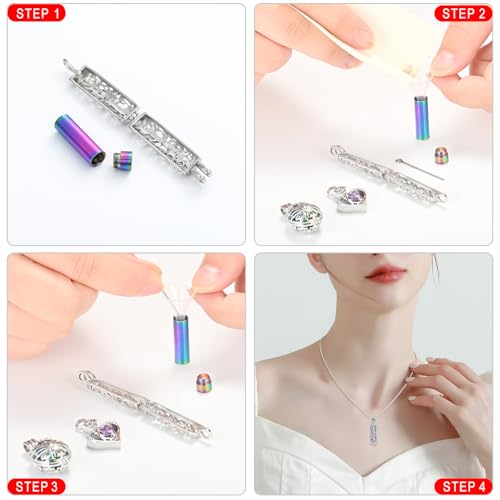 Cremation Jewelry Tree of Life Cylinder Roseflower Urn Necklace Set for Ashes for Women Memorial Keepsake Pendant Jewelry Holds Human & Pet Ashes of Loved Ones Rainbow-Purple