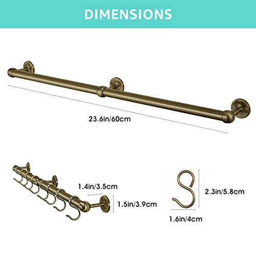 ROTHLEY Stainless Steel Hanging Pot Rack Hanger: 23.7 Inch Pot and Pan Hanger Wall Mounted Hanging Pot Bar Rack Heavy Duty Pot Hangers Kitchen Rail with 8 S Hooks (Antique Brass) Antique Brass