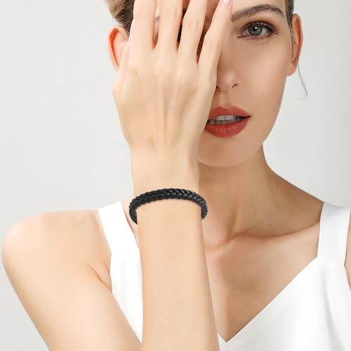 Urn Bracelet for Ashes for Woman Men Stainless Steel Mini Funeral Cuff Bangle Braided Leather Cremation Jewelry for Ashes for Dog Cat Keepsake Bangle Black-20cm