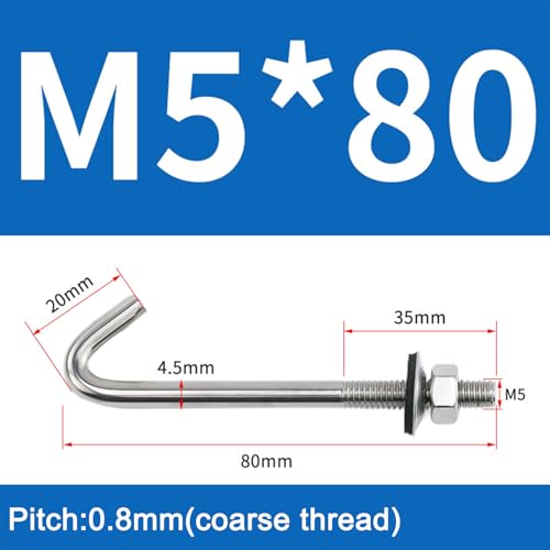 Flomore M5x80mm 304 stainless steel roof anchor bolt with J hook, hex nut, and washer