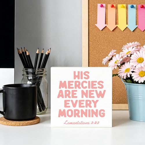 Pink Christian Wooden Box Sign 5x5 Inch, Christian Home Decor, His Mercies Are New Every Morning Bible Verse Religious Decorative Wood Signs for Home Office Desk Tabletop Shelf Decorations Wooden Box Sign E