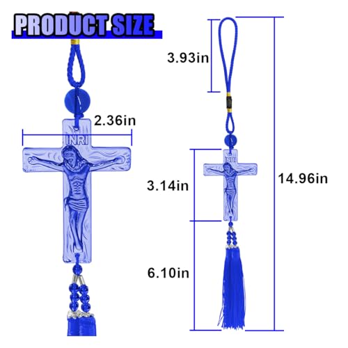 Jesus Crucifix Cross Car Rear View Mirror Charm, Religious INRI Cross Pendant Car Rearview Mirror Hanging Decoration, Auto Interior Ornament with Tassel for Men Women (Blue) Blue