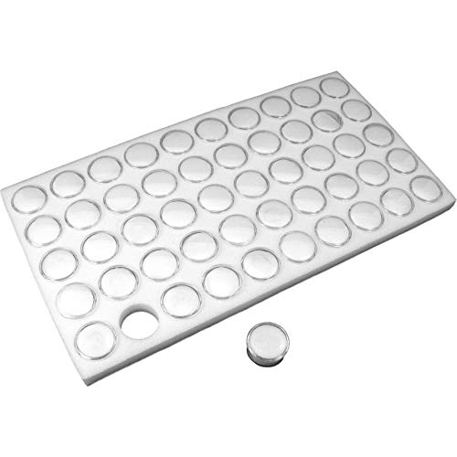 White glass top jewelry display case with 50 gem jars, featuring FindingKing jewelry trays for organized storage.