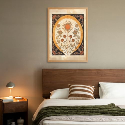 Framed Orange Sun and Roses Sun Wall Art Poster Mystical Minimalist Folk Canvas Painting Moody Flowery Spiritual Print Botanical Boho Norse Mythology Earth Tones Bedroom Home Decor 8x12inch 8"L x 12"W Folk print