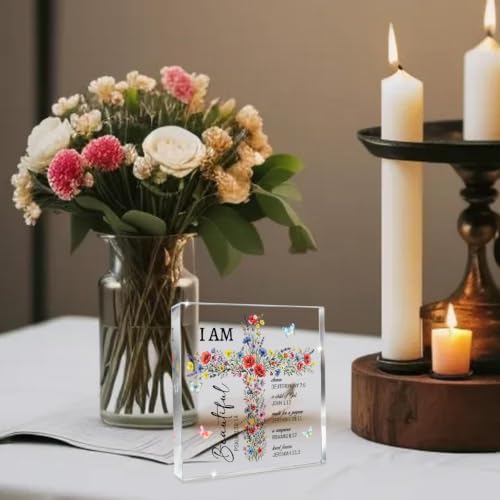 Baptism Gifts for Girl Women, Christian Desk Decor Square Acrylic Sign Wildflower Bible Verse Cross Print