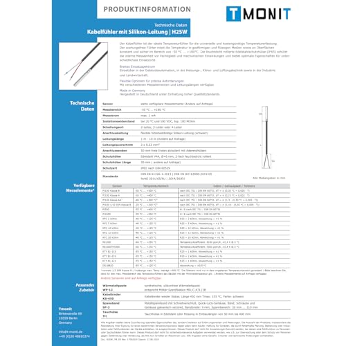 PT1000 Temperature Sensor with 5 Meter Silicone Cable, up to 200 °C, Temperature Sensor, Cable Sensor, Solar Sensor, Made in Germany 5m silicone cable 1