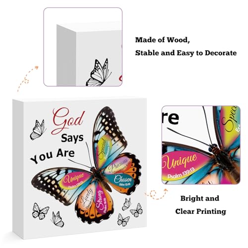 Christian Gifts for Women Birthday Christmas Butterfly Inspirational Gifts for Friends Family Coworker Religious Spiritual Gifts for Her Christian Wooden Sign for Home Office Shelf Desk Decor