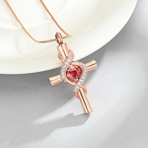 Infinity Urn Necklace for Ashes Cross Cremation Jewelry Memorial Necklace Birthstone Pendant Stainless Steel Urn for Ashe Lockets Keepsake Necklace for Pet Dog Ashes Holder Rose-Red