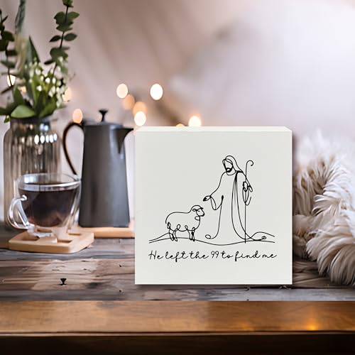 Christian He Left the 99 to Find Me Wooden Box Sign, Christian Gifts for Women, Faith Based Gifts, Bible Verse Scripture Wood Block Sign for Home Office Desk Shelf Table Decor, 5x5 Inch white -5