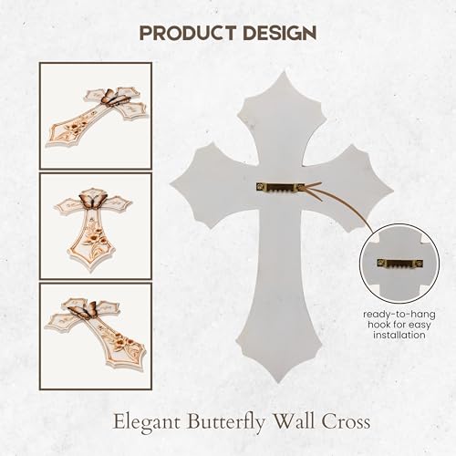 Elegant White Cross with Butterfly and Floral Design - Resin Wall Art Panel