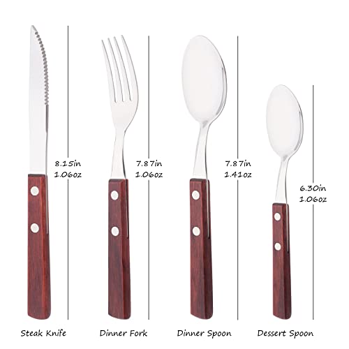 Wooden Handle Flatware Set, Knives Forks Spoons Set for 6, 24-Piece 304 Stainless Steel Kitchen Utensils Set, Silverware Set with Wood handles, Red Wood with Rivet & Retro Style Cutlery 24-Piece Service for 6